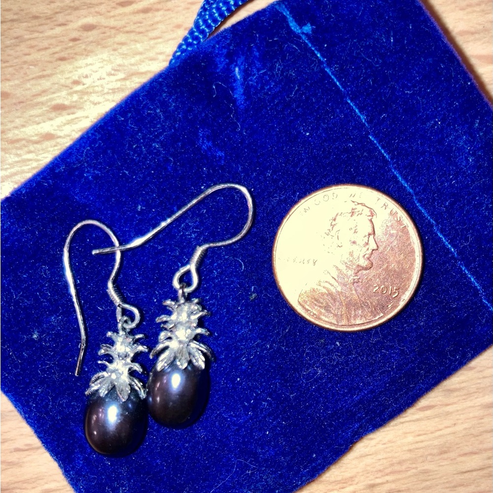 Hawaiian Black Pearl & .925 Sterling Silver Pineapple Top Earrings NWOT